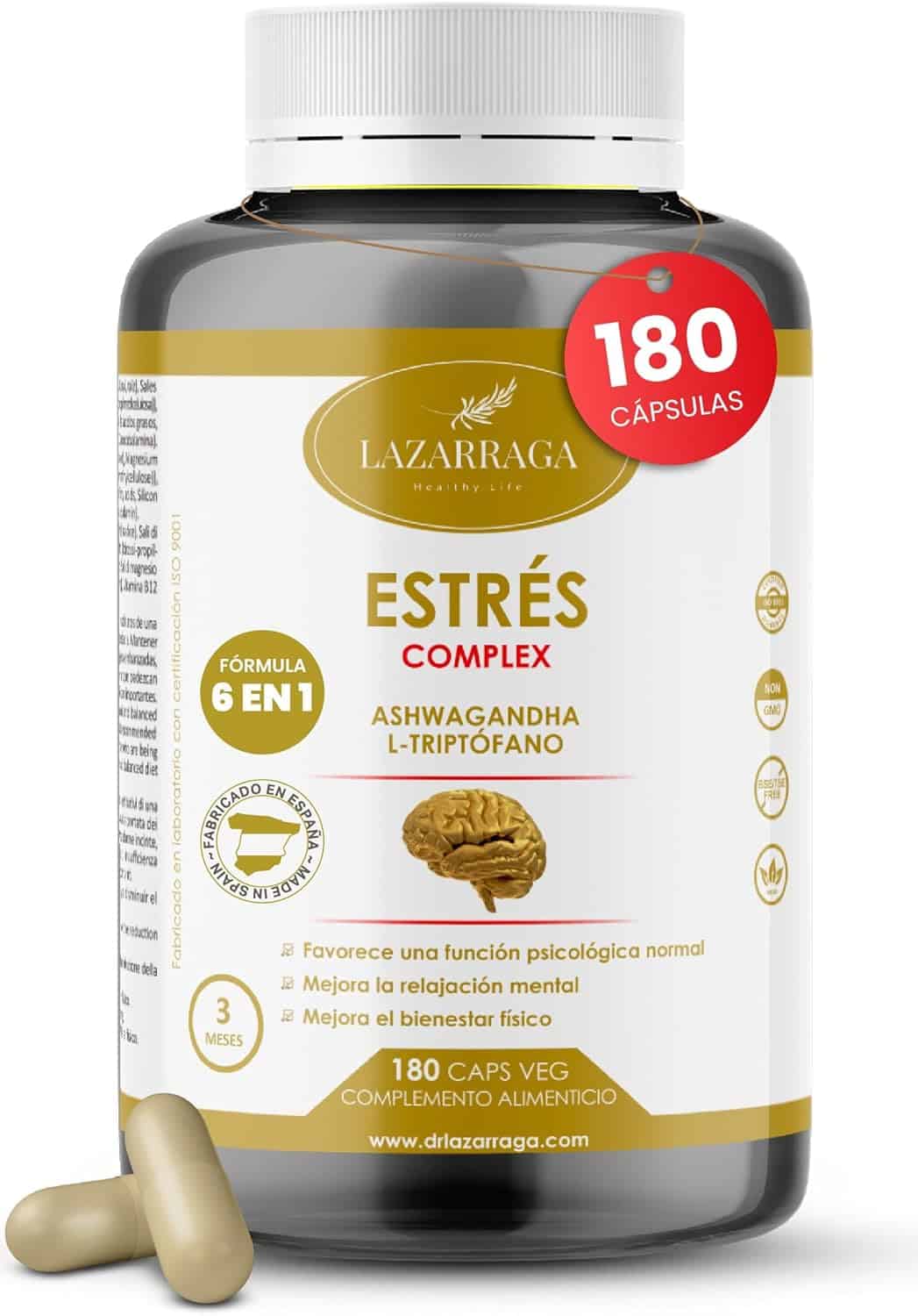 Bote de suplemento antiestrés con ashwagandha, triptófano y vitaminas B