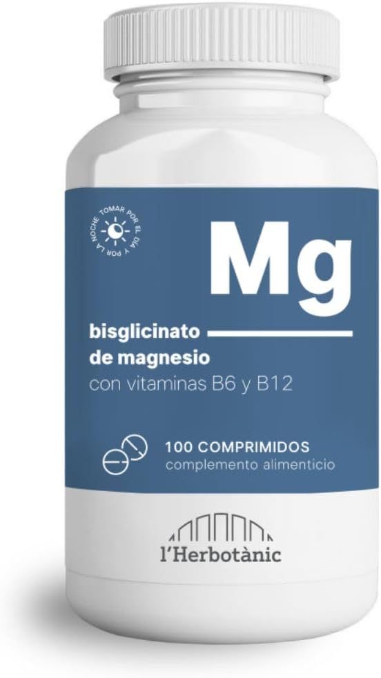 Bote de bisglicinato de magnesio con vitaminas B6 y B12 en comprimidos veganos