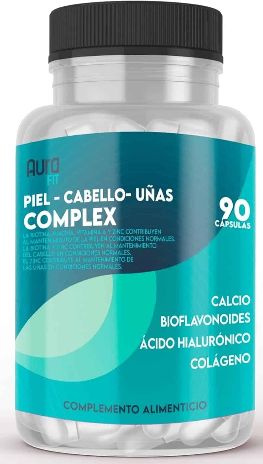 Bote de vitaminas para cabello piel y uñas junto a cepillo de pelo