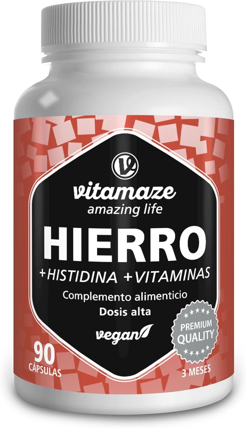 Bote de suplemento de hierro vegano con vitamina C, folato y B12