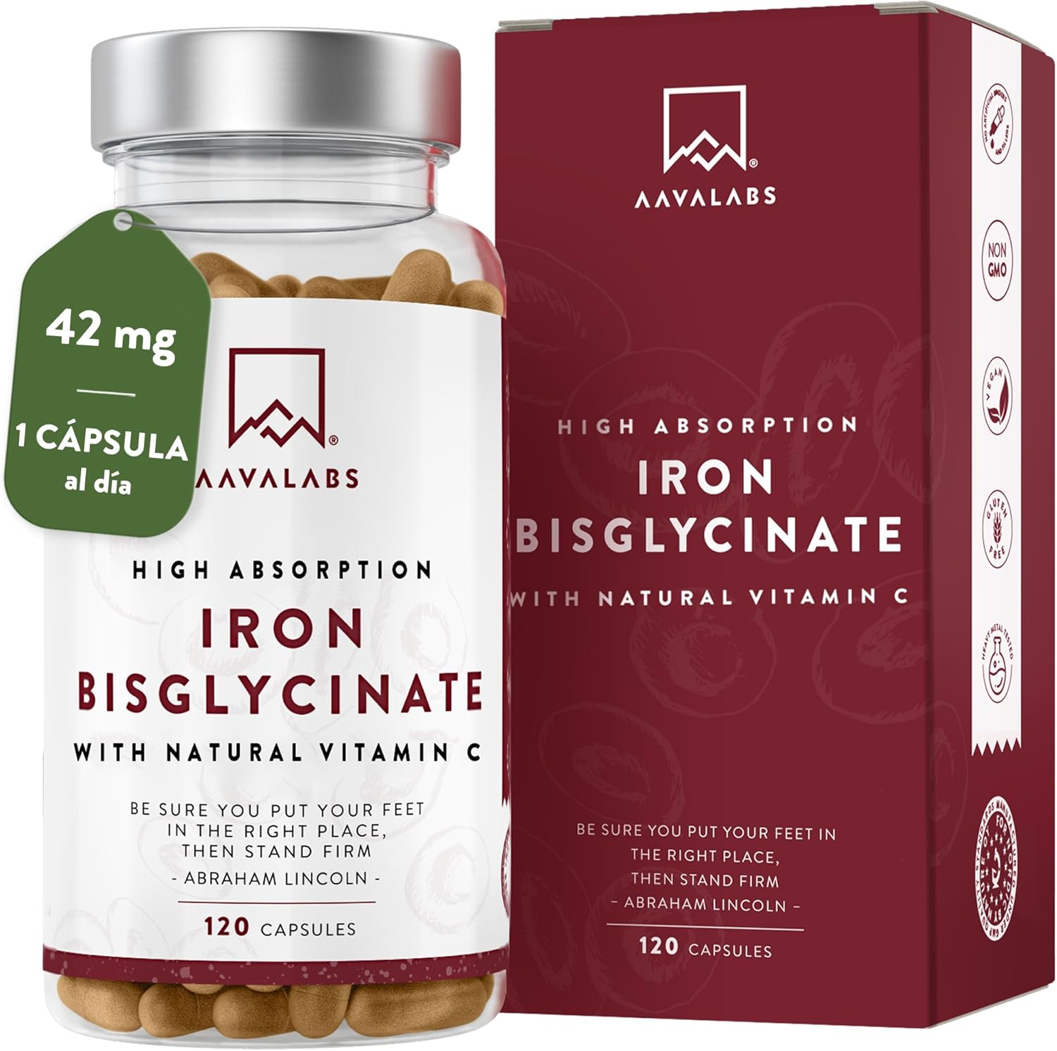 Bote de suplemento de hierro bisglicinato con vitamina C natural