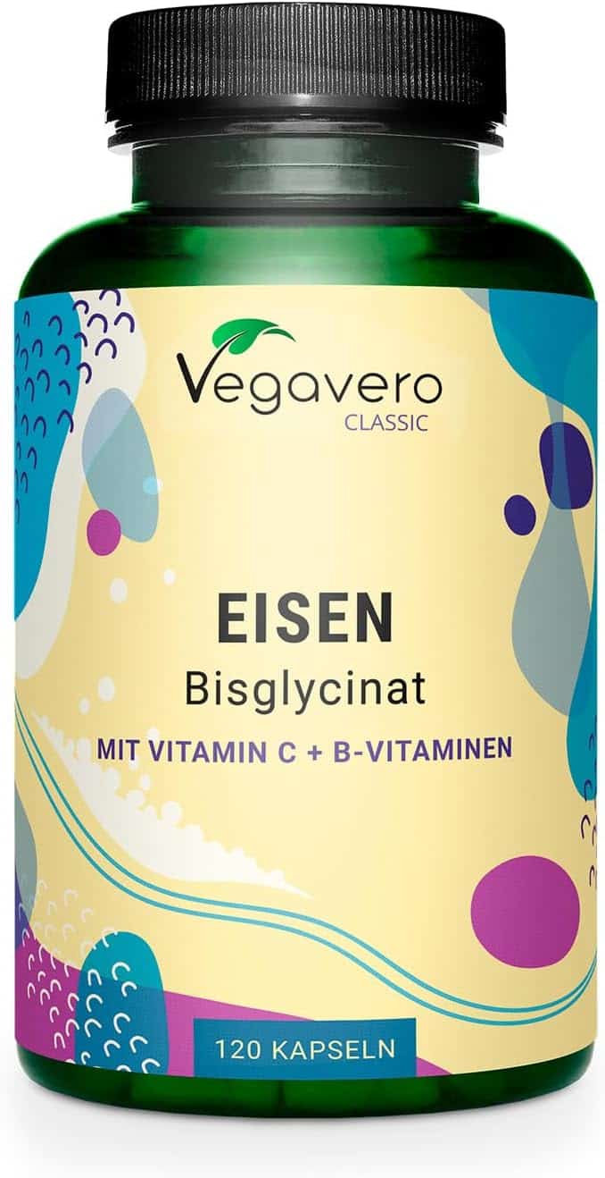 Envase de suplemento de hierro Vegavero con vitamina C, B12 y ácido fólico