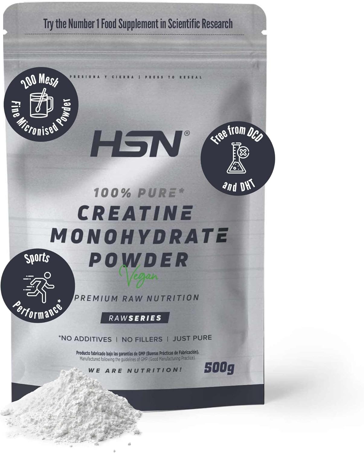 Bote de HSN creatina monohidrato en polvo sin sabor 500 g