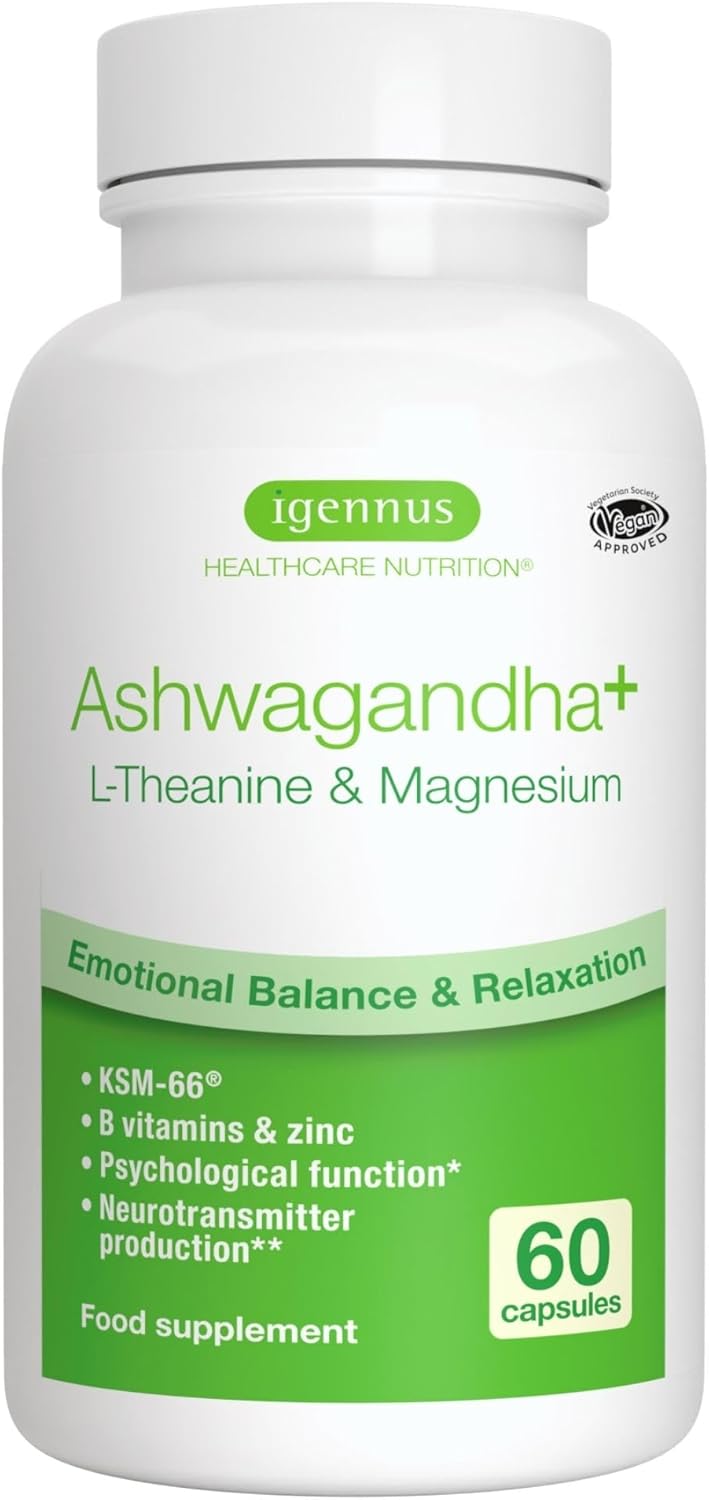 Bote de cápsulas de ashwagandha con L-teanina y magnesio sobre fondo claro