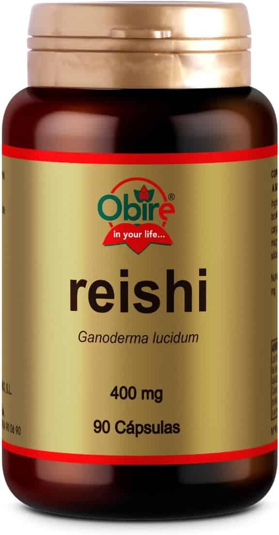 Bote de cápsulas de reishi Obire sobre fondo neutro