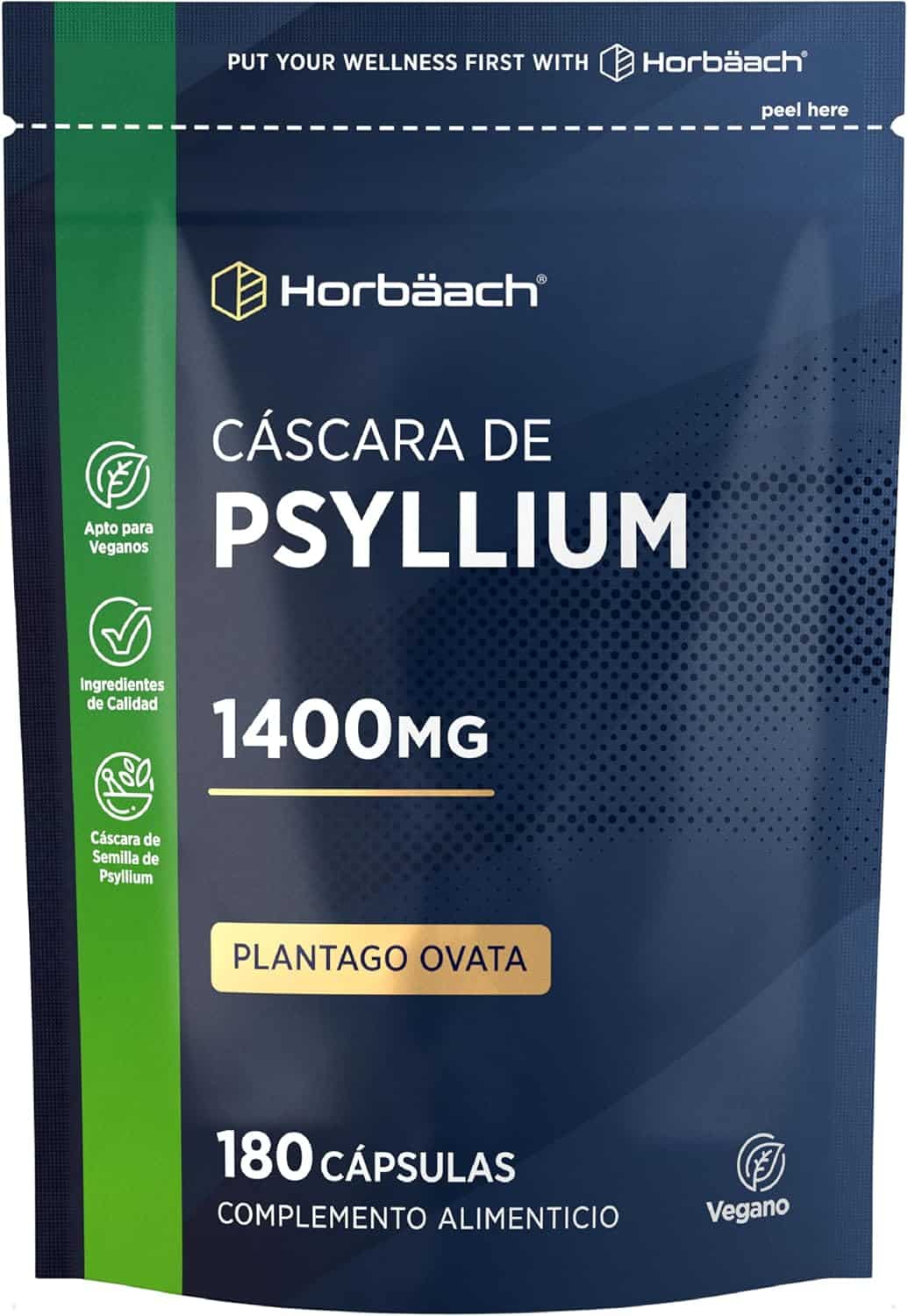 Bote de cápsulas de cáscara de psyllium como suplemento de fibra
