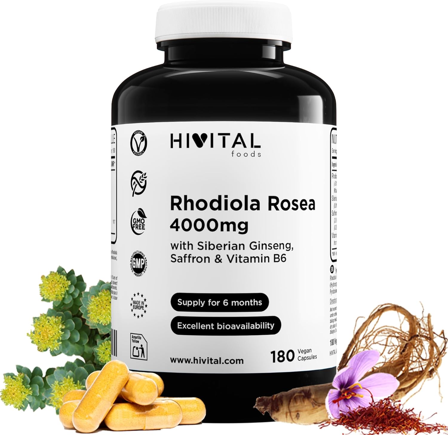 Envase de cápsulas de rhodiola rosea orientado a reducir la fatiga