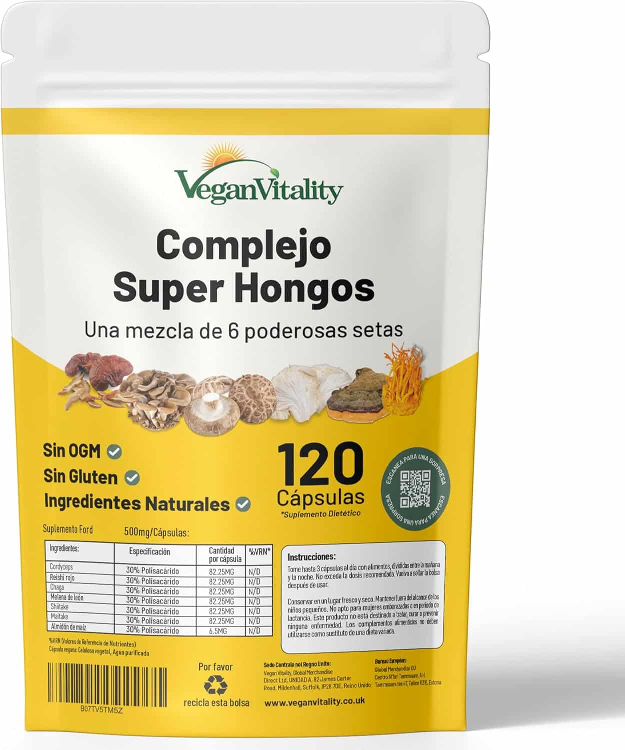Envase de suplemento de 6 hongos Vegan Vitality