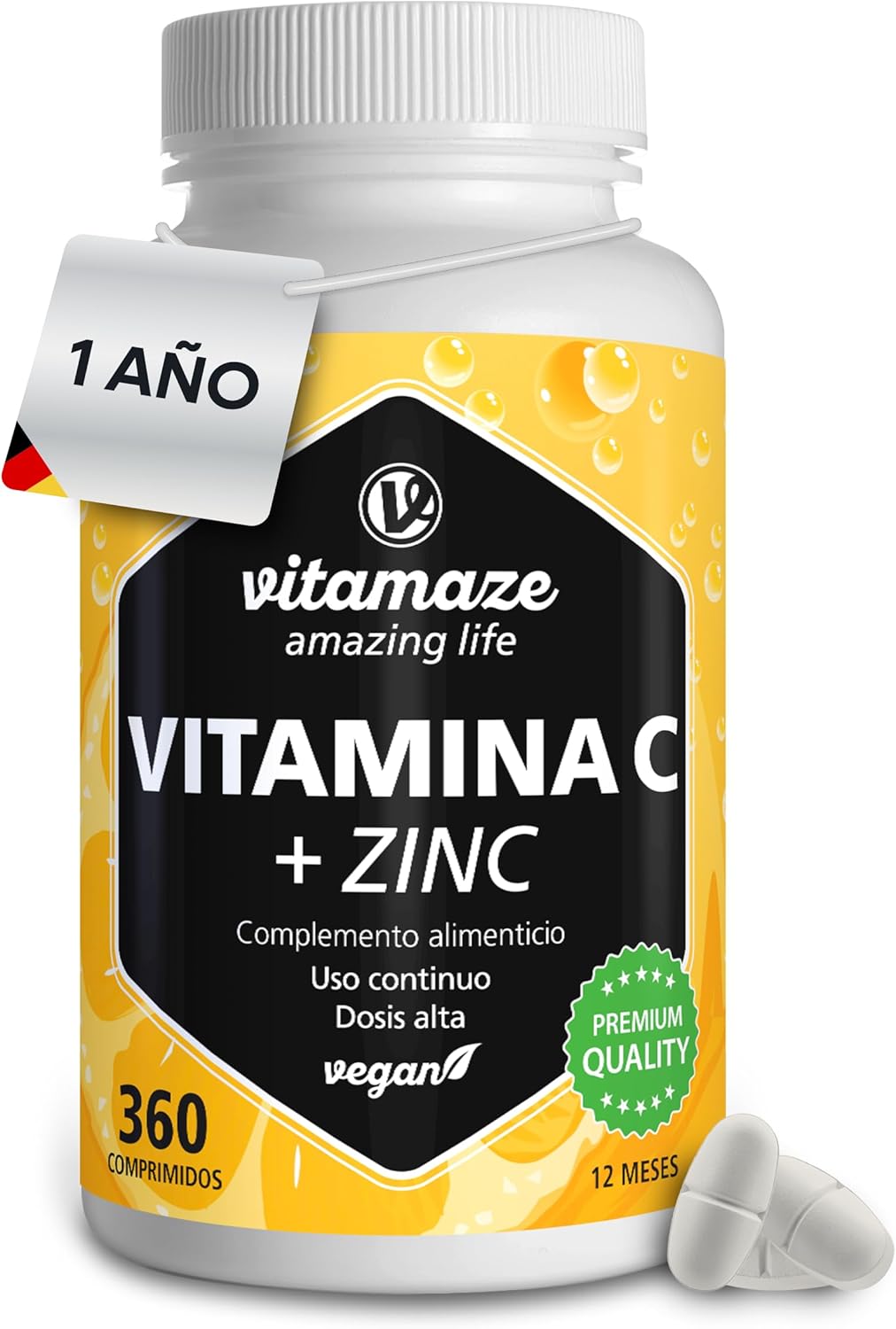 Envase de vitamina C 1000 mg con zinc y bioflavonoides 360 comprimidos