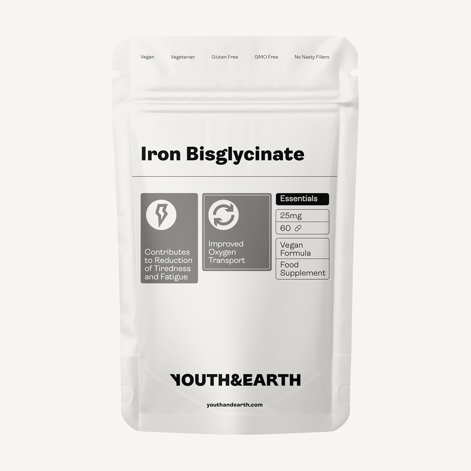Bote de Youth & Earth bisglicinato de hierro en cápsulas